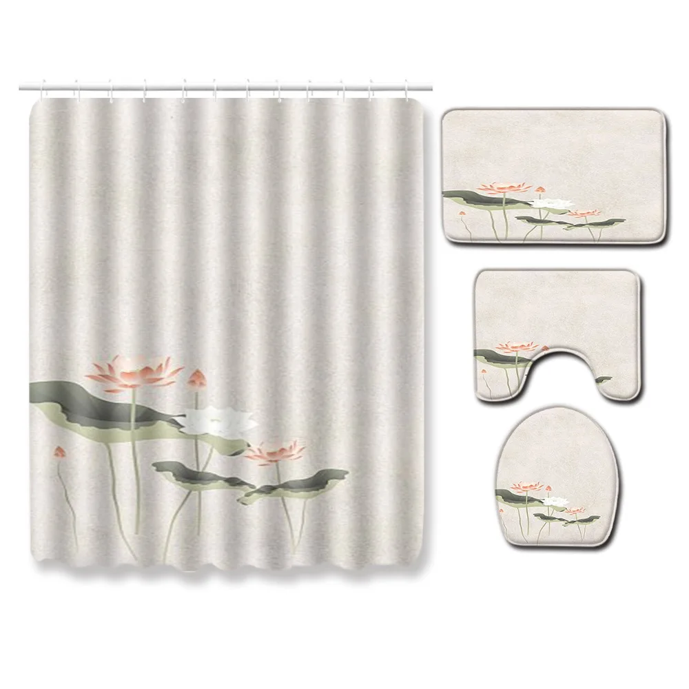 

Zeegle 4pcs Bath Mat Set Waterproof Bathroom Curtain Flannel Toilet Pedestal Rug Anti-slip Bathroom Doormat Shower Curtain Set