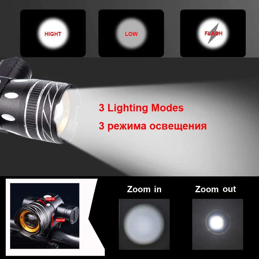 NEWBOLER 800LM Flashlight For Bicycle T6 Zoom LED Headlight USB Charge Bike Front Light Set Taillight Waterproof Bike Accessorys