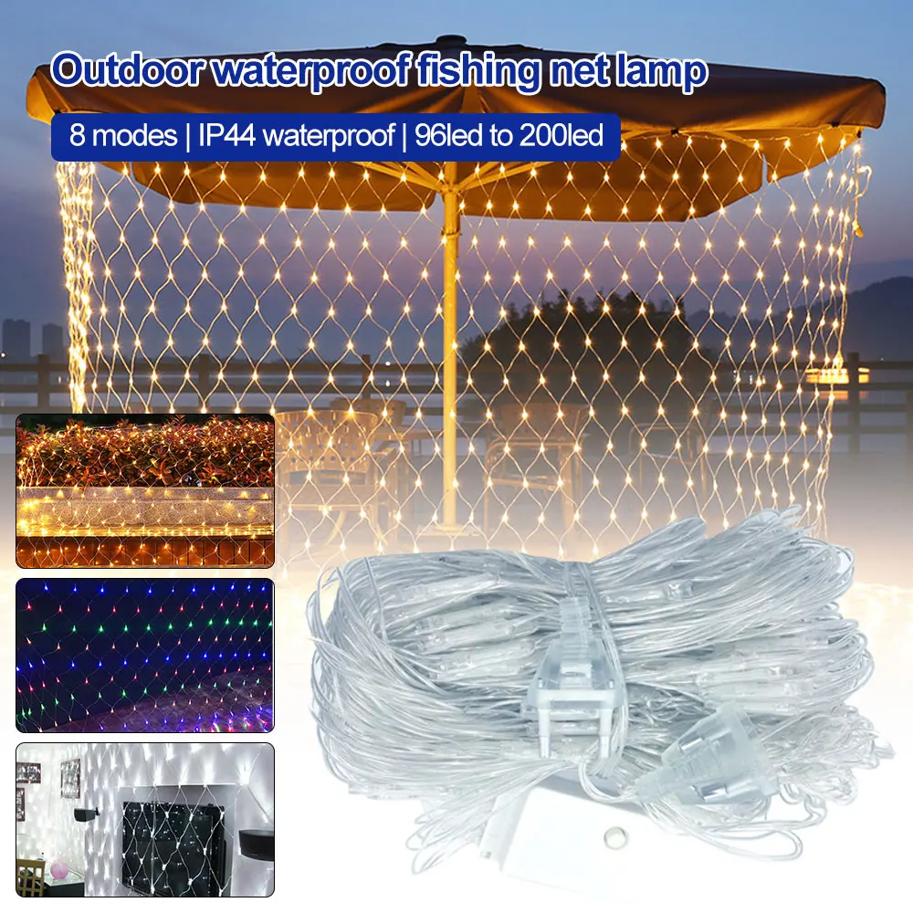 

96/144/200 LED String Light Outdoor Fishing Net Lights Lanterns Curtain Starry Christmas Fairy Light Wedding Party Holiday Light