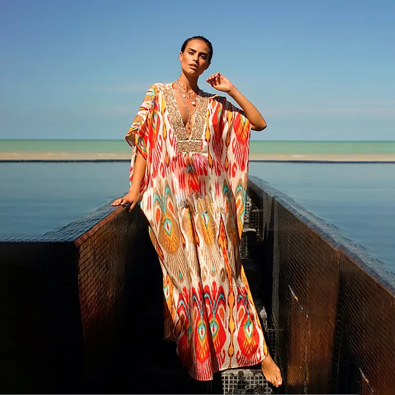

Printed bat mid sleeve V-neck casual Bohemian Gown Dress