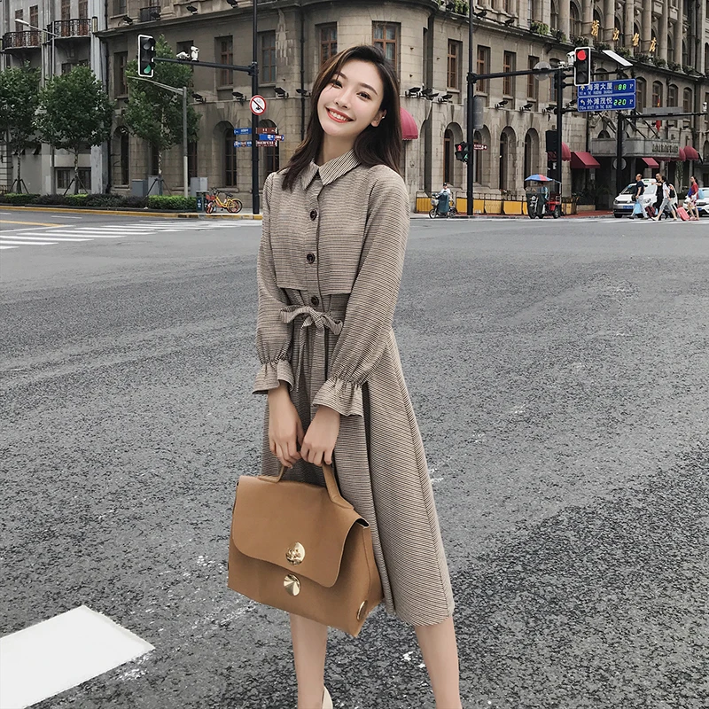 Весна-Осень 2020 новое однобортное платье-Тренч средней длины в британском стиле с