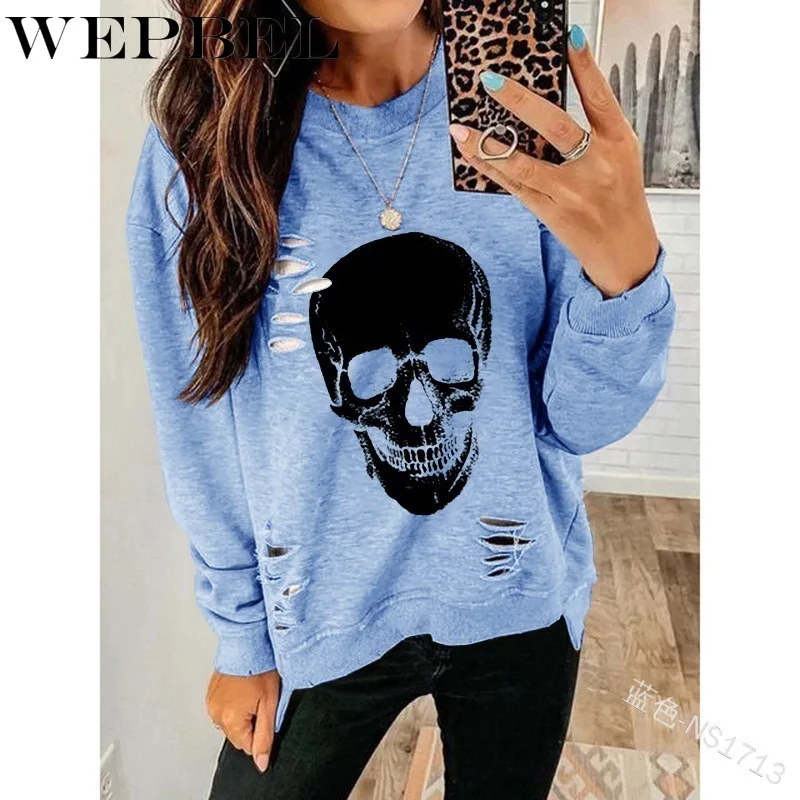 

WEPBEL Women Autumn Loose Hole Skull Print Shirt Top Casual Ladies Long SLeeve O Neck T-shirt Plus Size S-5XL