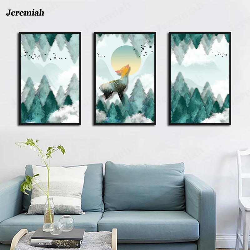 

Home Living Room Decoration Painting Forest Moon Fog Green Posters HD Printing Canvas Wall Painting Nordic Modern Abstract Mural