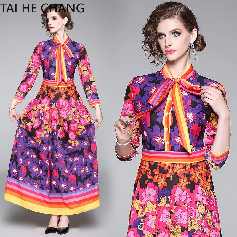 

Women Dress New Fashion Retro Spring Summer Elegant Slim Bodycon Vintage Party Runway Print Shirt Office Work Maxi Dresses