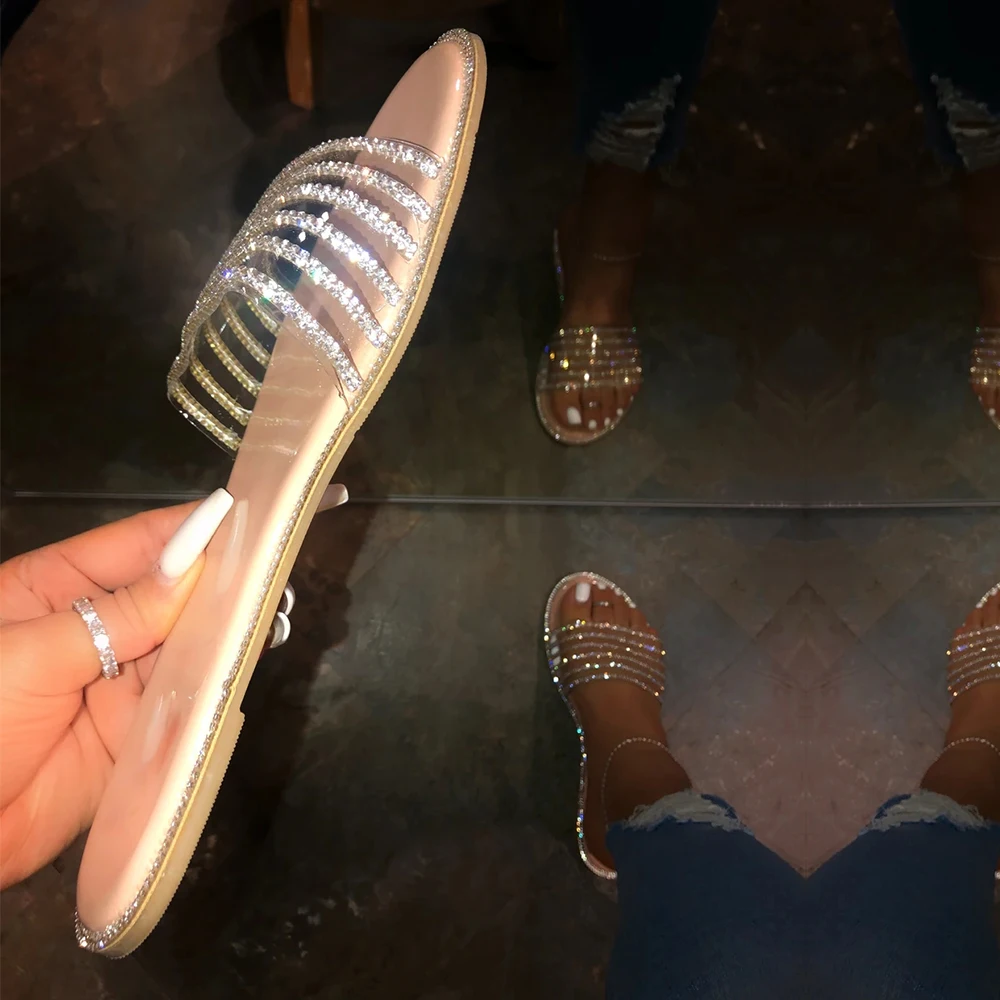 Женские блестящие сандалии со стразами на плоской подошве пляжные шлепанцы