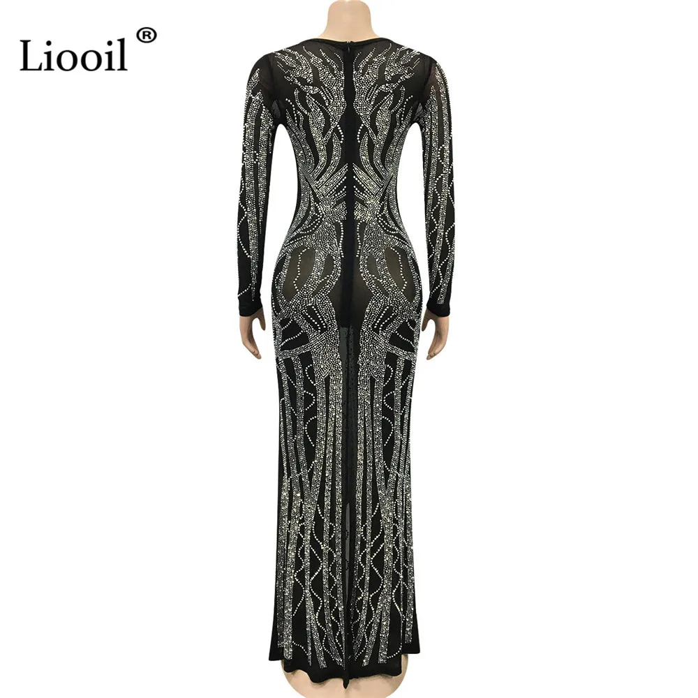

Liooil Sexy Rhinestone Mesh Sheer Bodycon Maxi Dress V Neck See Through Black Back Slit Diamond Night Club Party Long Dresses