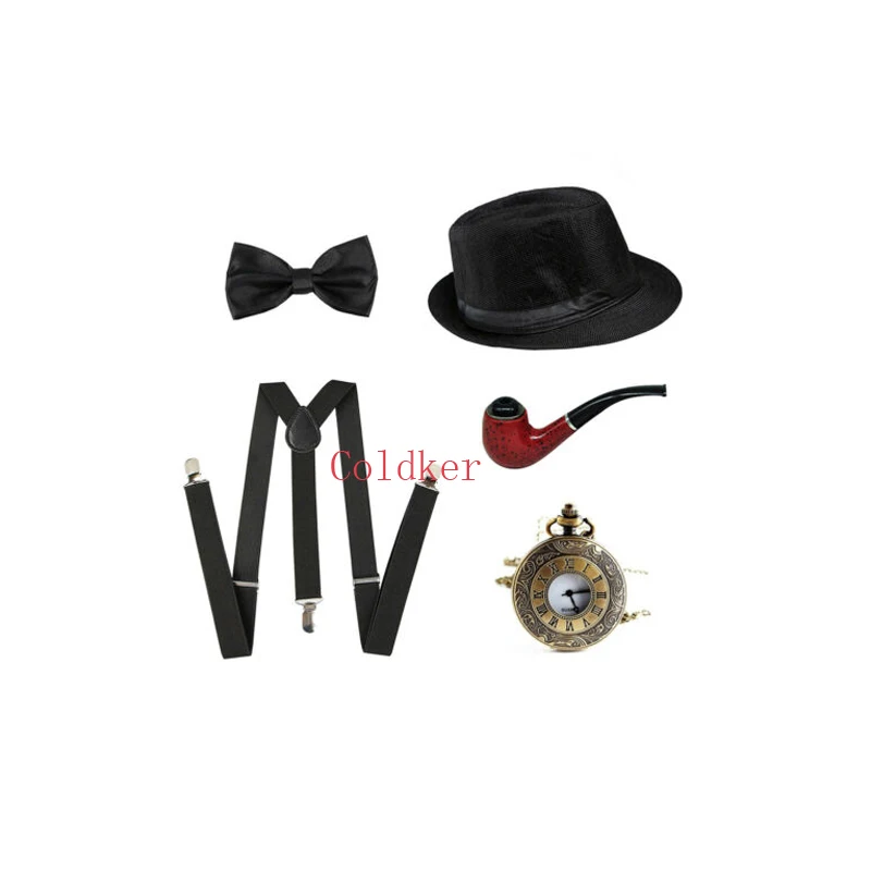 black 5pcs Косплей костюмы на Хэллоуин и Рождество 1920s мужские Гэтсби Гангстер аксессуары набор Панама шляпа подтяжки галстук бабочка часы Прямая поставка - Цвет: black 5pcs