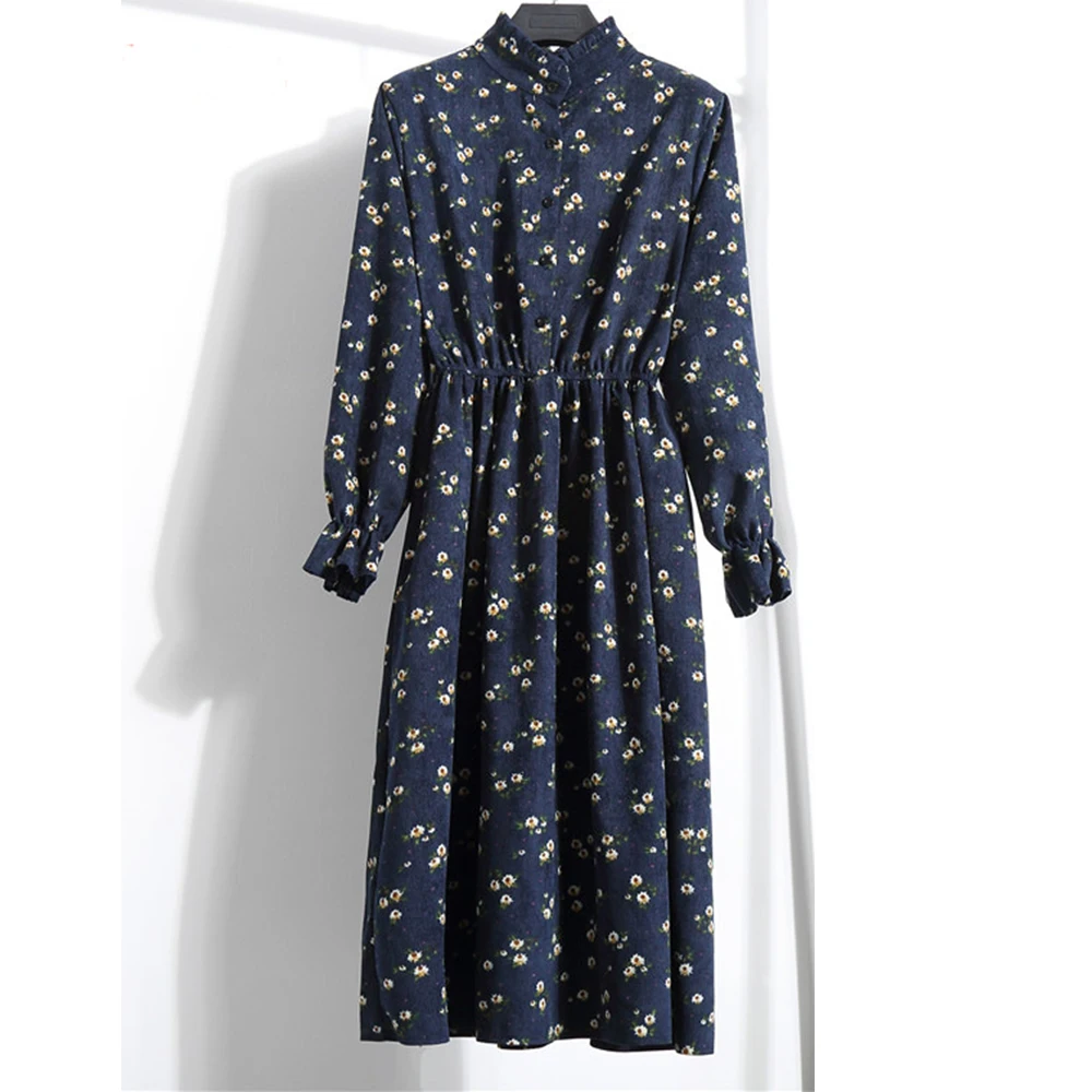 Осеннее женское платье с длинными рукавами и круглым вырезом Бандажное принтом