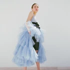 Шикарные Женские тюлевые платья небесно-голубого цвета, женское платье с глубоким V-образным вырезом на тонких бретельках, вечернее платье Teffeta