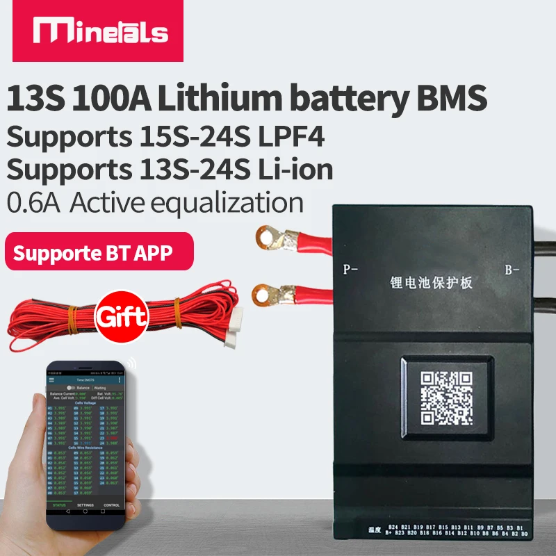 

bms 13s 100 support bluetooth Smart Active balance 48v Li-ion 18650 equalizer temperature protection battery protection plate