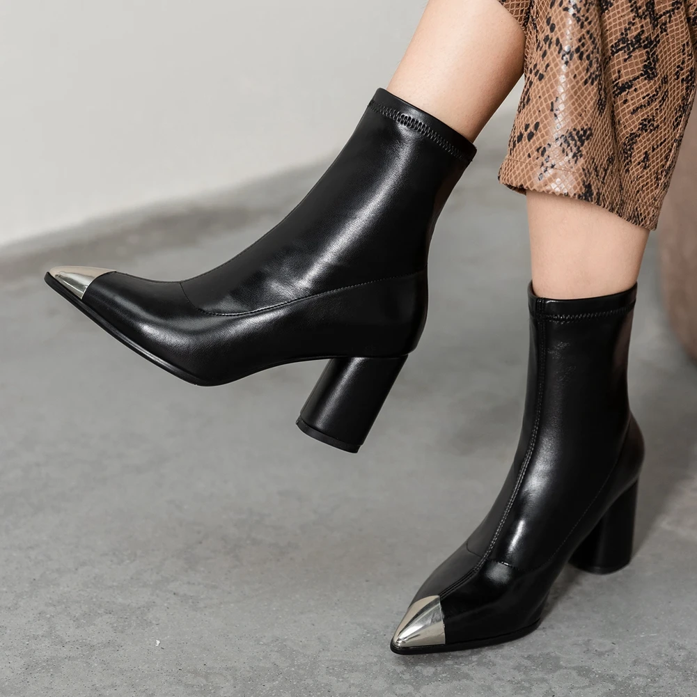 

DORATASIA Brand New Ladies Chunky High Heels Ankle Boots Fashion Pointed Toe Boots Women Slip On Elegant Office Shoes Woman