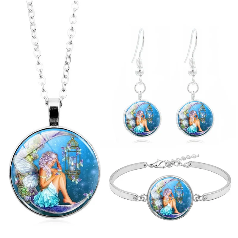

Butterfly Moon Elf Photo Glass Cabochon Fashion Jewelry Set Necklace Bracelet Earring Jewelry Sets for Women Gifts Jewlery