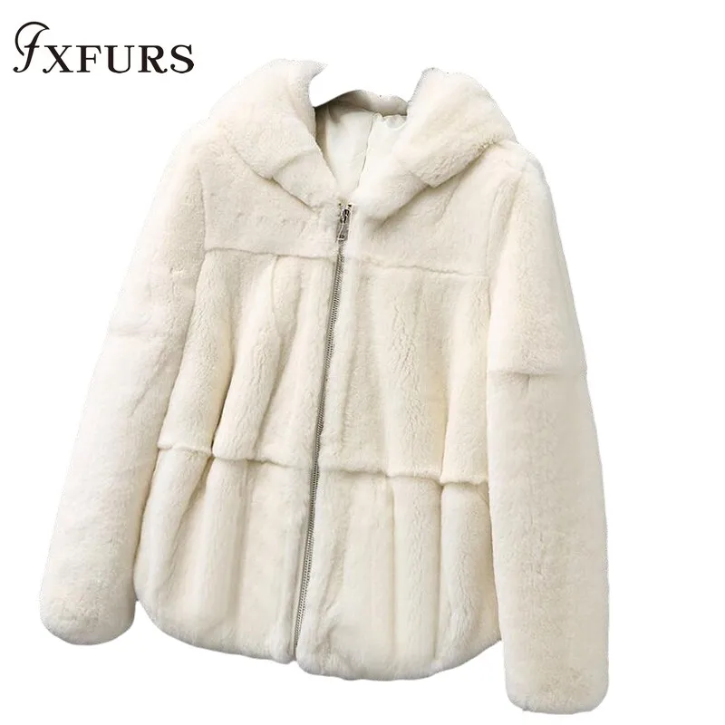 2020 Natural Real Rex Rabbit Fur Coat Whole Skin Fur Clothing Women Winter Hooded Short Jacket Long-sleeved Outerwear Coat Solid