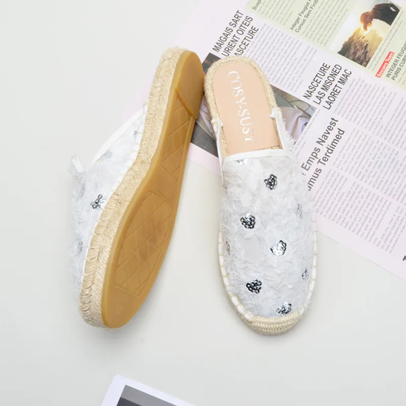 Korean-Style Casual Sequined Mesh Fisherman's Shoes Straw Slippers Women's Gentle Fairy  Flat with Soft Bottom Womens Shoes