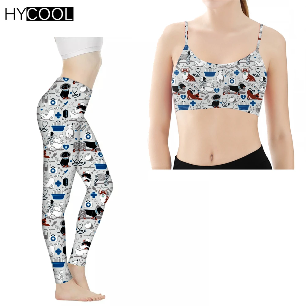 

Женский спортивный костюм HYCOOL, Леггинсы для йоги и укороченные топы, здоровая ветеринарная одежда с принтом кошек и собак, штаны для фитнеса...