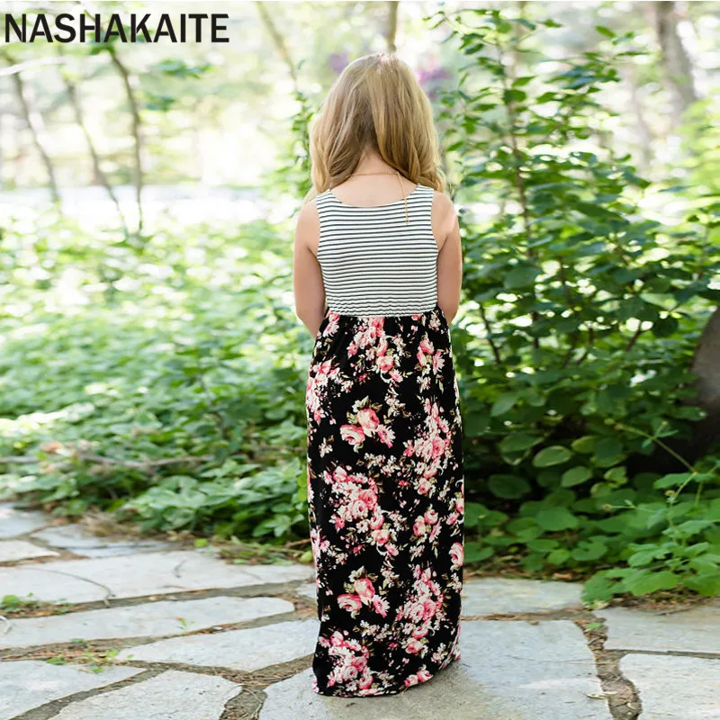 NASHAKAITE/платья для мамы и дочки длинное платье без рукавов в полоску с розой одежда