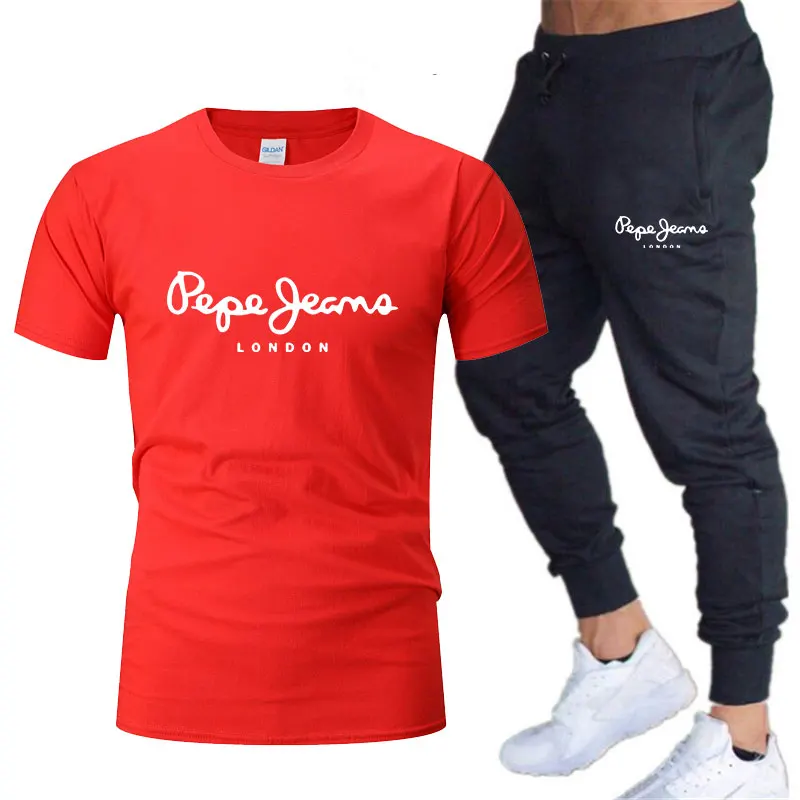 

2021Conjunto de ropa deportiva para hombre, camiseta + Pantalones, chndal informal de dos piezas, ropa de marca para gimnasio