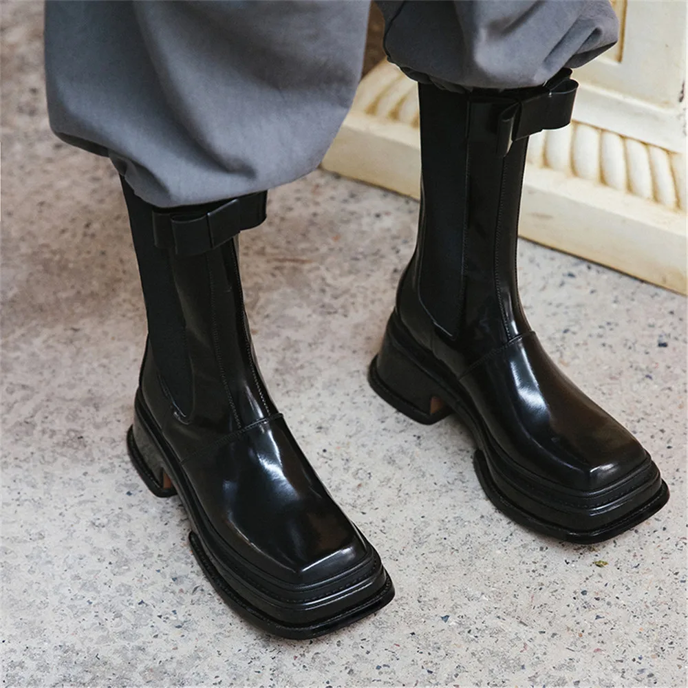 

Insicre New Luxury Bowknot Chelsea Ankle Boots Women Platform Chunky High Heels Fashion Square Toe Slip On Brand Designer Shoes