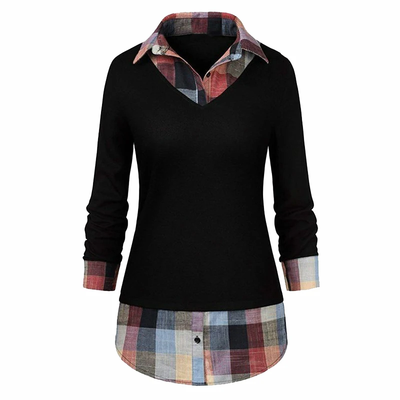 

Imliy Bela Casual Plaid T-shirt Women Patchwork Turn Down Collar Long Sleeve Long T Shirt Vintage Plus Size Tshirt Spring