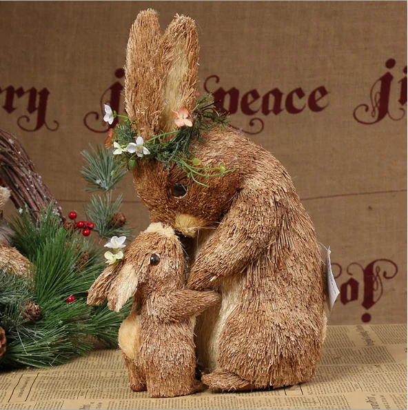 

24x15x33cm,Handicrafts,cute mother and child rabbits,brown cattail flowers,accessories,Straw crafts,Easter day,Mother's Day gift