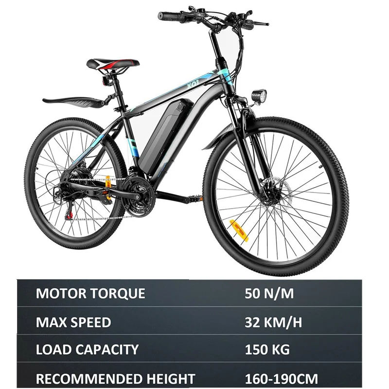 

26inch Electric Mountain Bike 21 Speeds Shifter Adult E-Bike Front and Rear Disc Brake Full Suspension Electric Bike