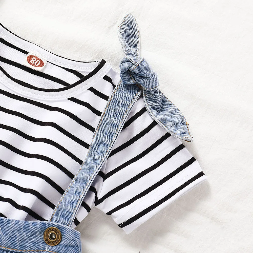 Одежда для маленьких девочек футболка в полоску с принтом + джинсовая юбка на