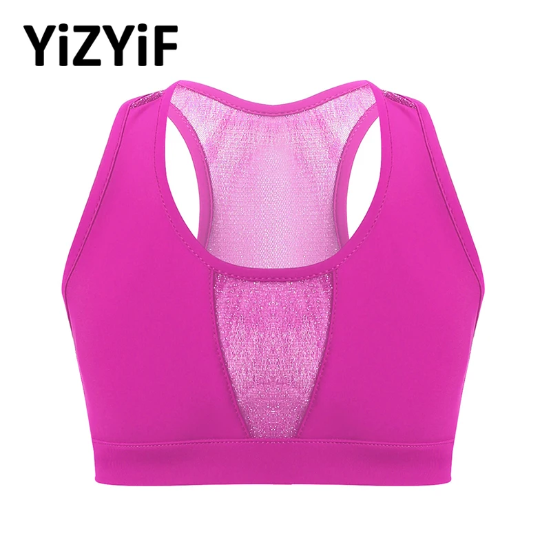 

Kids Girls Sports Vest Running Fitness Workout Tanks Tops Solid Color Stretchy Mesh Splice Crop Top Dance Exercise Activewear