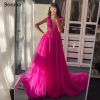 booma fuchsia deep v neck prom dresses bow back thigh slit maxi evening dresses backless a line tulle formal wedding party gowns