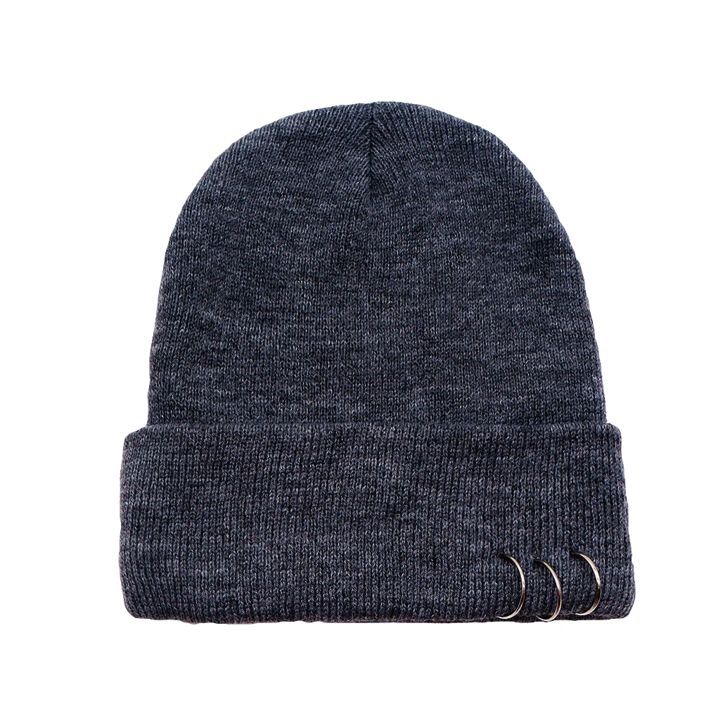 

Fashion Unisex knitted hat Metal Ring Knitted Beanie Hat Winter Warm Solid Color Skull Cap personality pullover hat street style