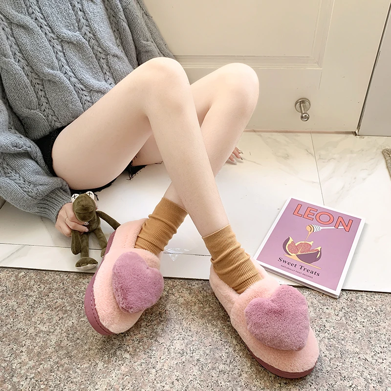 COOTELILI Women Heart-Shaped Fur Round Toe Comfort Platform Flats Snow Shoes Resistance Warm Winter Fluffy Plush Loafers | Обувь