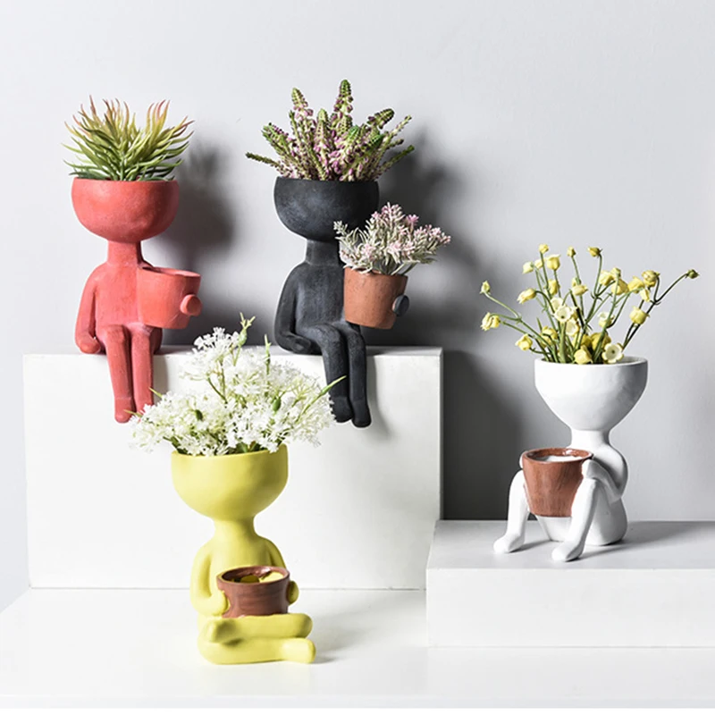 

Character Portrait Flower Pot Desktop Vase Resin Succulents Plant Pot Abstract Human Face Flower Pot Home Micro Landscape Decor