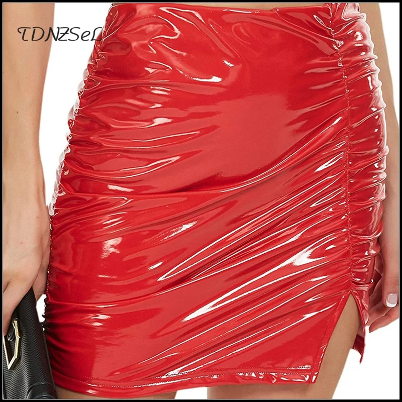 Юбка женская плиссированная из блестящей латексной кожи облегающая