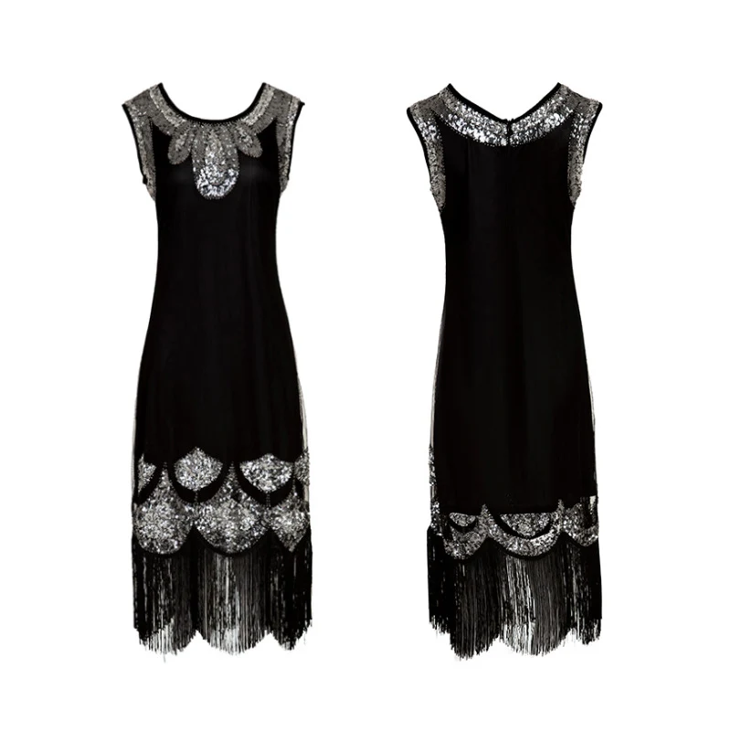 Женское винтажное платье с блестками и бахромой украшенное бисером в стиле