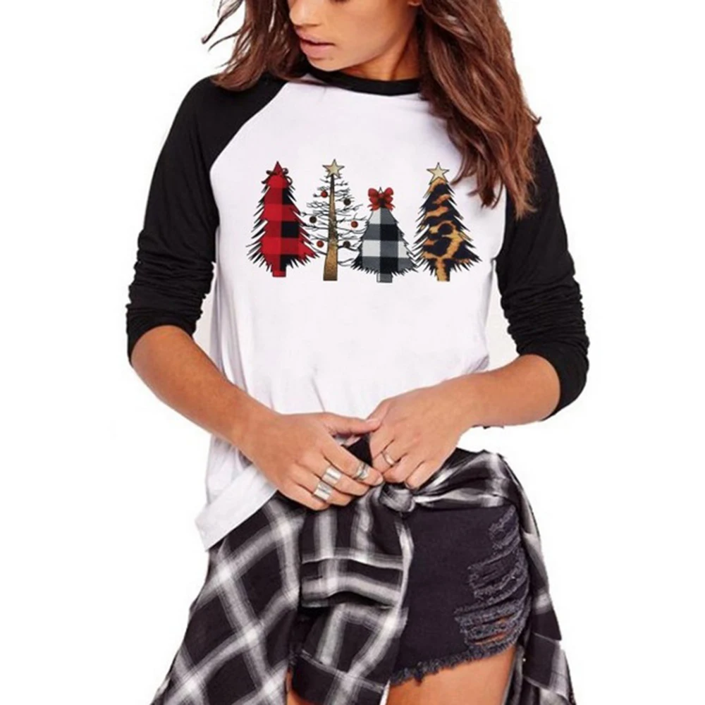 Рождественская женская футболка с принтом рождественской елки осенне зимняя
