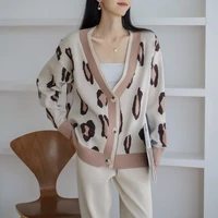 autumn oversized women cardigan sweater tracksuits leopard knitted jumper suits harem pants 2two pieces winter sets