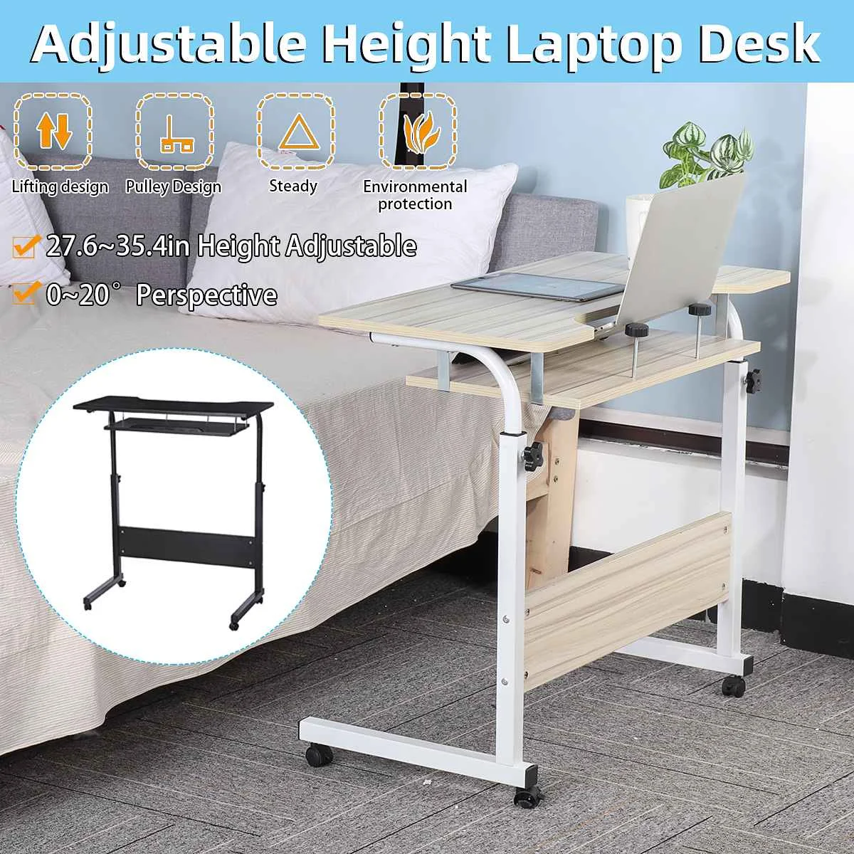 

Adjustable Height Computer Laptop Study Desk Height TV Dinner Portable Coffee Desk Console Wooden Table Laptop Desk with Wheels