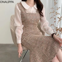 onalippa women dress 2021 autumn french vintage square neck waist slimming sleeveless tweed hip fishtail design strap vestidos
