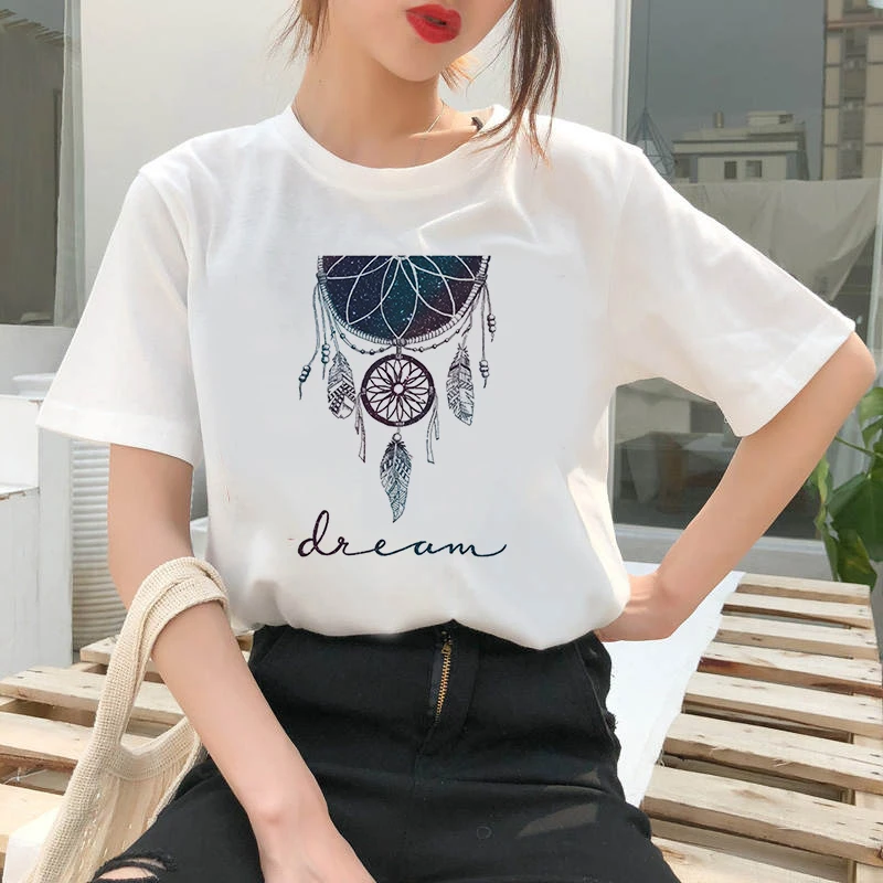 

Dreamcatcher casual O-neck top shirt Women's T-shirt retro T-shirt ladies Harajuku short-sleeved Flower Earrings printed T-shirt