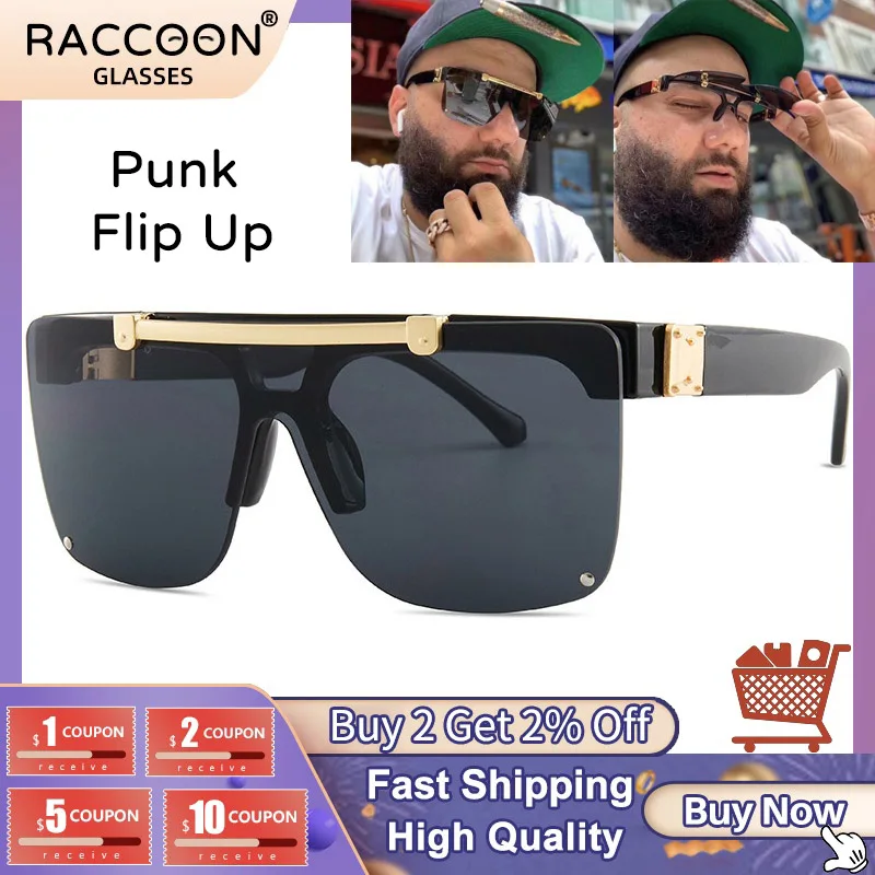 

Vintage Flip Sunglasses Men Luxury Brand Sun Glasses Women One Piece Rimless Square Shades Male Hip Hop Visor Punk Eyewear