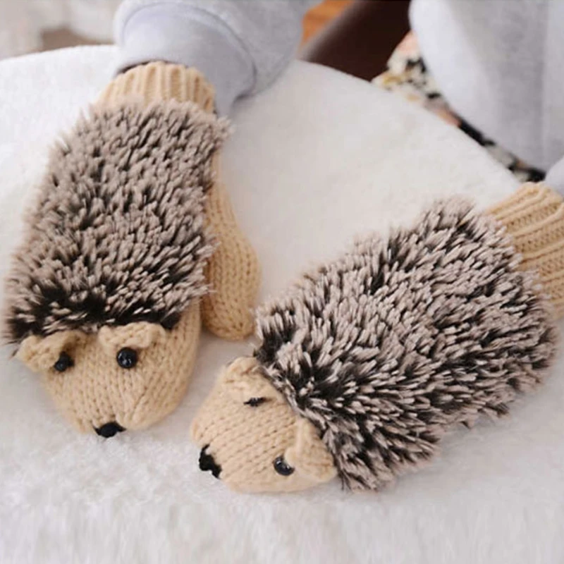 

X7AE Women's Winter Thicken Warm Cute Cartoon Hedgehog Gloves Knit Crochet Mittens