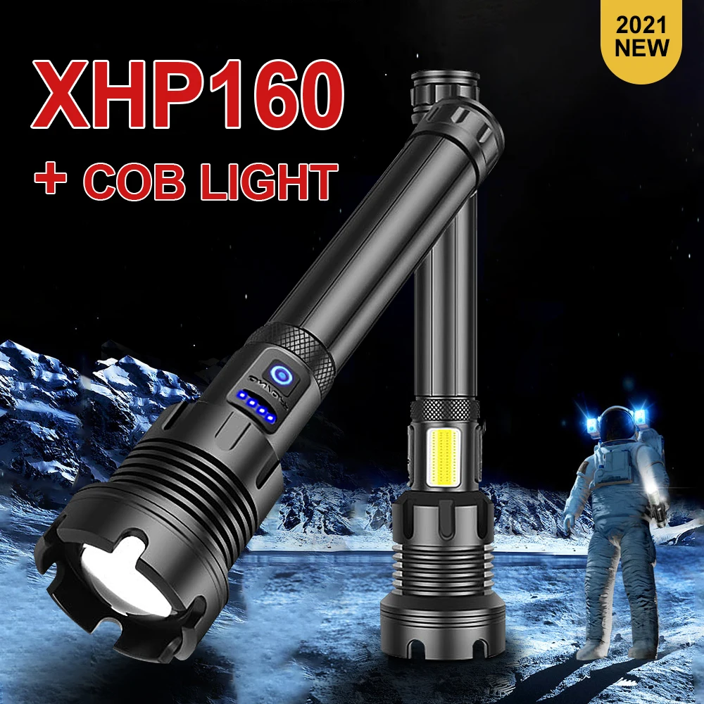 

Супер мощный яркий фонарик XHP160, перезаряжаемая лампа 26650, мощсветильник светодиодный фонарик, тактический фонарь с COB матрицей, фонарь с зум...