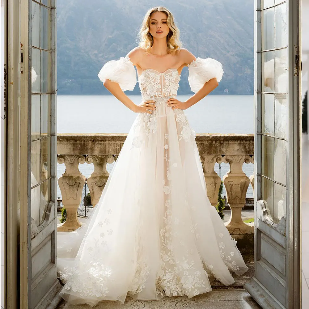 

A Line Wedding Gowns for Bride Bohemian 2022 Boho Dresses Bridal Gowns Sweep Train Lace Up Sweetheart vestidos de novia