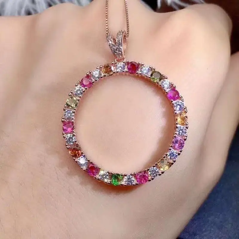 Round Natural Brazilian Candy Color Tourmaline Pendant Necklace For Women Party S925 sterling silver Fine Jewelry Certificated | Украшения