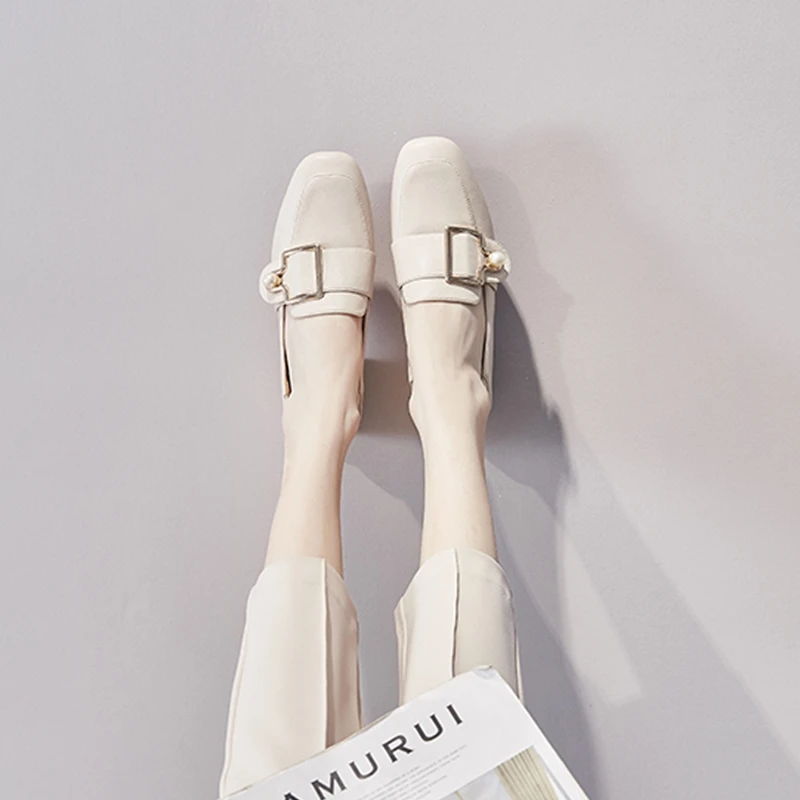 

GHJIOL Elegant Women Pumps Metal Buckle Loafers Fashion Pearl Ladies Comfortable PU Slip-On Mid Heel Women Office Shoes