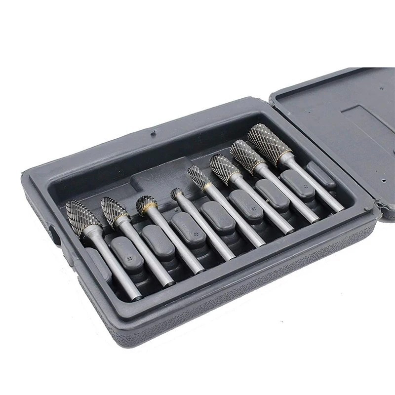 

8PCS Carbide Burr Set with 1/4 Inch(6.35mm) Shank Double Cut Solid Carbide Rotary Burr Set for Die Grinder Drill, Metal