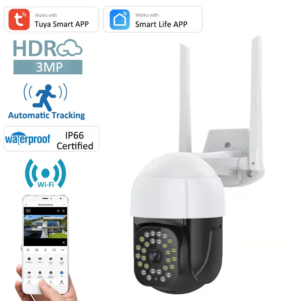 

IP-камера наружная Tuya, 3 Мп, 1080P, PTZ, Wi-Fi, 4-кратный зум