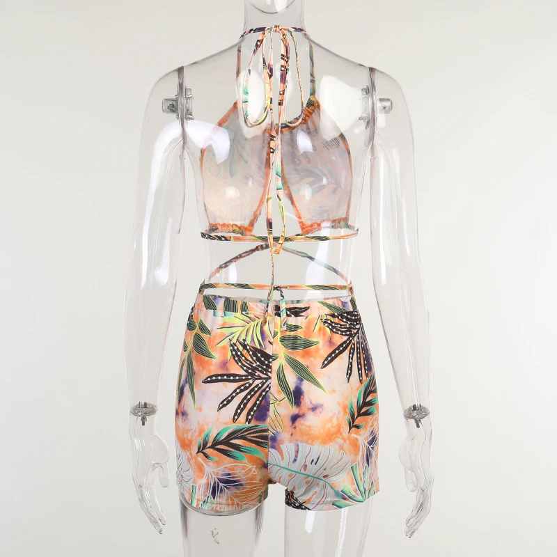

Girlchic Summer Print Casual Crossed Lace Up Women Set Backless Split Shirring Cropped Top Elastic High Waist Shorts Beach Style