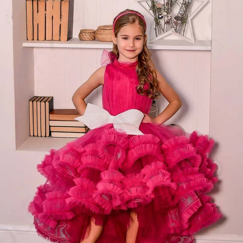 

Модные красные пышные платья принцессы с цветами для девочек плиссированные платья с бантом на день рождения пышные платья для причастия