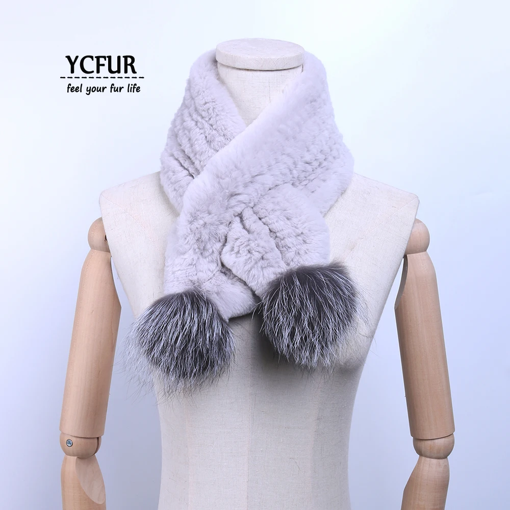 

YCFUR Real Fur Scarves for Ladies Knitted Rex Rabbit Fur Scarf with Silver Fox Fur Pompoms Short Scarf Neckerchief Women