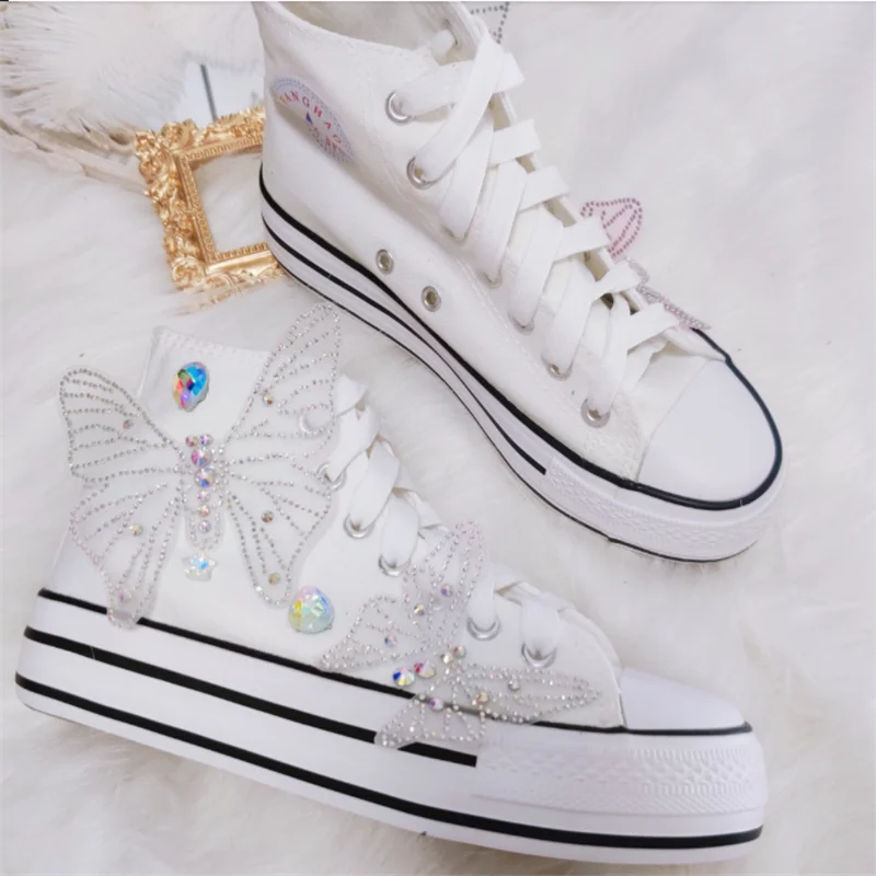 

Handmade stars inlaid diamond butterfly high-top soft girl platform canvas shoes super flash fairy lace shoes
